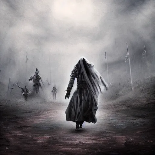 Prompt: ominous bedsheet ghost walking through the center of a battlefield, oil painting, gloomy misty atmosphere, symmetrical, full body image, highly ornate intricate details, very sharp photo,