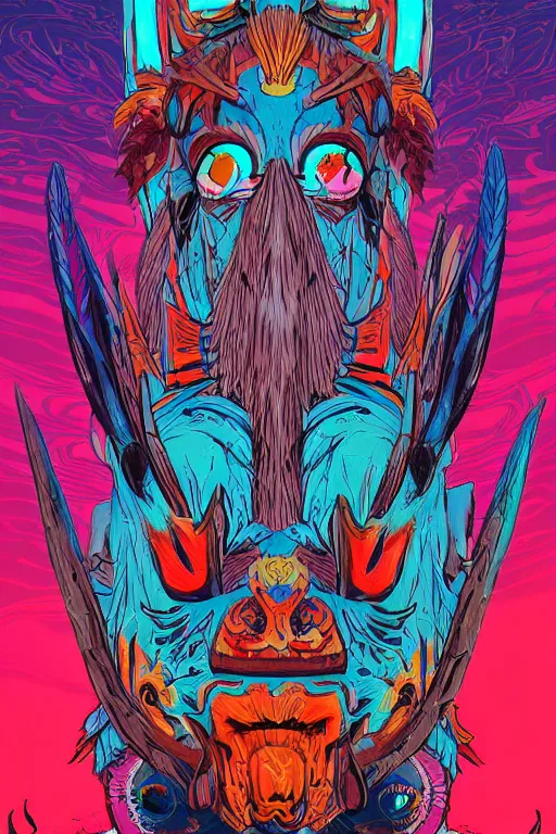 Image similar to totem animal tribal chaman vodoo mask feather gemstone plant wood rock video game illustration vivid color borderlands by josan gonzales and dan mumford radiating a glowing aura