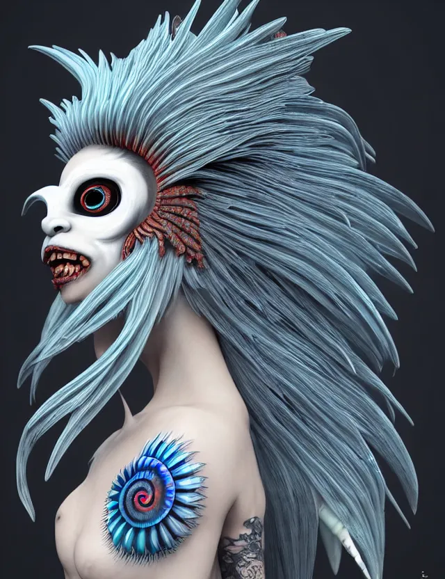 Image similar to 3 d goddess close - up profile simple portrait punk with mohawk with goat skull. beautiful intricately detailed japanese crow kitsune mask and clasical japanese kimono. betta fish, jellyfish phoenix, bio luminescent, plasma, ice, water, wind, creature, artwork by tooth wu and wlop and beeple and greg rutkowski