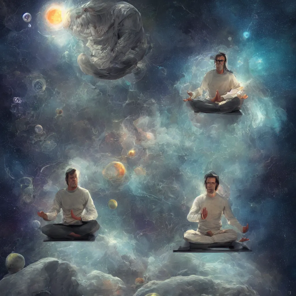 Prompt: jim carey, meditating in space, surreal, unreal engine, intricate, highly detailed, digital painting, trending on artstation, concept art, smooth and sharp focus, illustration,