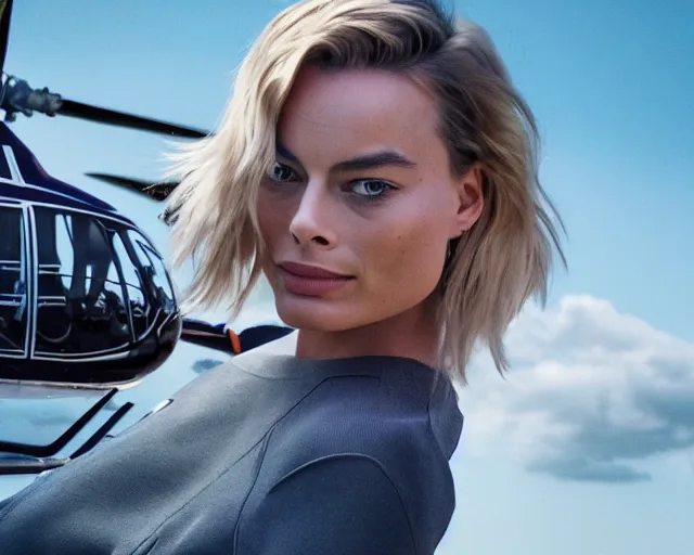 Image similar to a photo of margot robbie falling in the sky next to a helicopter, hyper realistic faces, beautiful eyes, cinematic, long shot, hyper detailed, 8 5 mm photograph, 8 k resolution, film still, sharp lens, wide lens