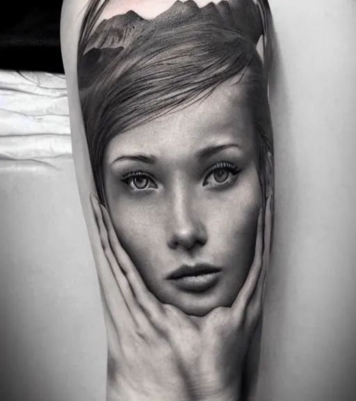 Prompt: a beautiful girl portrait in amazing nature and mountains, realism tattoo, in the style of den yakovlev, black and white, hyper realistic, highly detailed