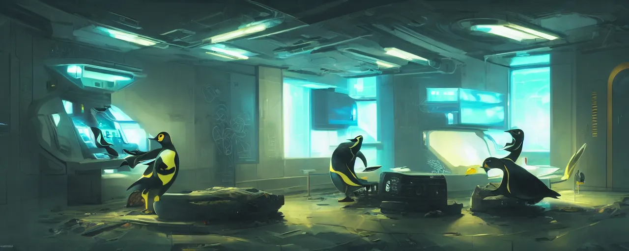 Image similar to duotone concept illustration of cyborg emperor penguin in futuristic computer room. cinematic scene. volumetric lighting. golden ratio accidental renaissance. by sachin teng and sergey kolesov and ruan jia and heng z. graffiti art, scifi, fantasy, hyper detailed. octane render. concept art. trending on artstation