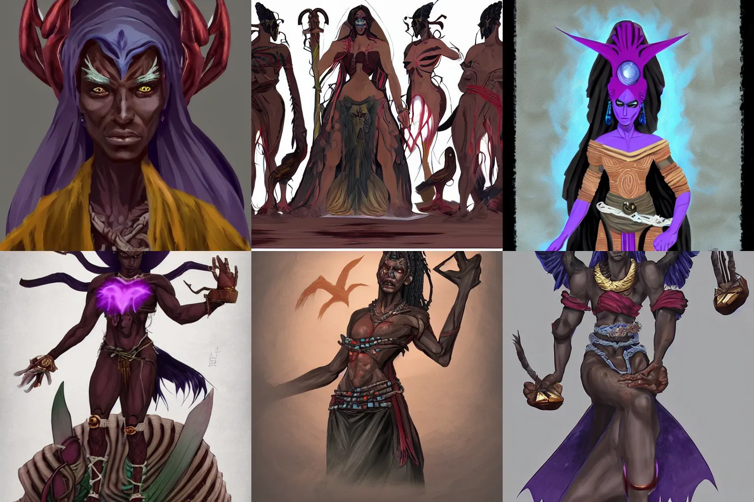 Prompt: the Mother of Sorrow and Revenge, turns her gaze to the mortal world, she appoints a champion. In this cycle, the island witchdoctor Mal'Damba has been gifted with her powers and sent into the war to evangelize her faith by laying waste to any who would stand before his goddess, character concept art,