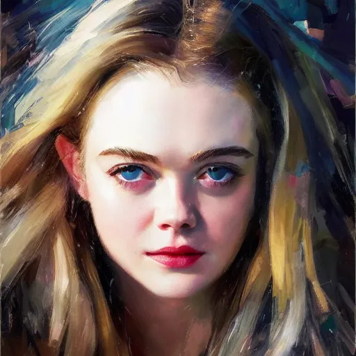 Image similar to professional painting of Elle Fanning in the style of Michael Garmash, head and shoulders portrait, symmetrical facial features, smooth, sharp focus, illustration, intricate, stormy weather, extremely detailed masterpiece,