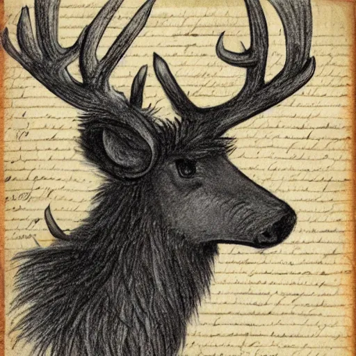 Prompt: professional vintage colored sketch of a fuzzy creature with antlers with full descriptions, on parchment, 8K, HD