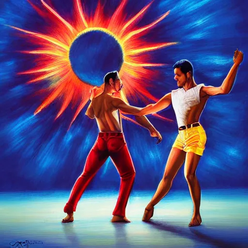 Image similar to semi realistic portrait of The sun is exploding while Latino Cubans Dancers Salsa Dancing by Stanley Artgerm Lau, sun exploding on the background, Gesture draw, Salsa Social Dance, couple, Salsa tricks, explosive background, WLOP, Rossdraws, Gesture draw, James Jean, Andrei Riabovitchev, Marc Simonetti, and Sakimichan, trending on artstation