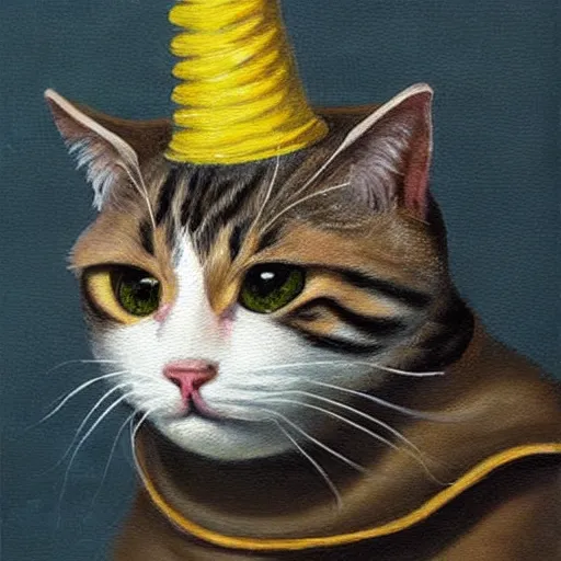 Image similar to a hyper realistic painting of a cat wearing a bicorn hat, super detailed, realistic, thick brush strokes, visible paint layers.