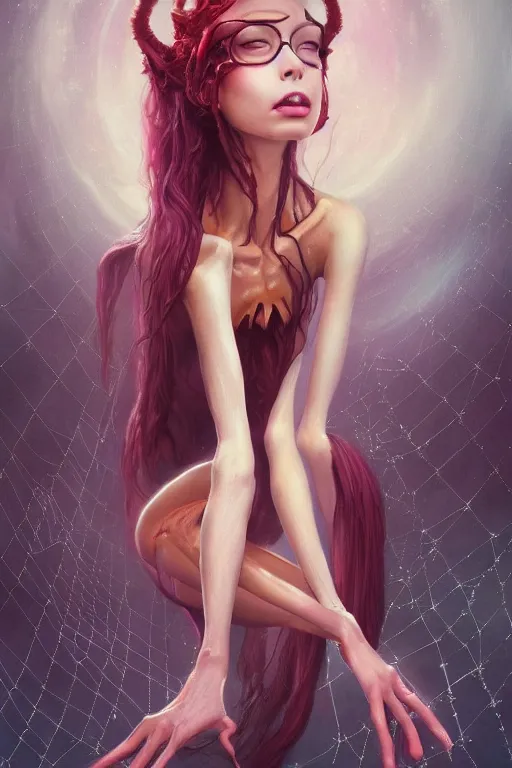 Image similar to portrait of an elegant alien spider queen, long legs, many legs, spindly legs, full body character concept art, by artgerm, tom bagshaw, gerald brom, vaporwave colors, lo - fi colors, vaporwave, lo - fi, 4 k, hd,