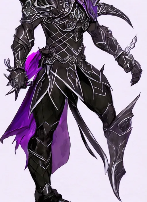 Image similar to Full body portrait of a handsome elven aristocrat with short hair wearing purple heavy armor. In style of Yoji Shinkawa and Hyung-tae Kim, trending on ArtStation, dark fantasy, great composition, concept art, highly detailed, dynamic pose.