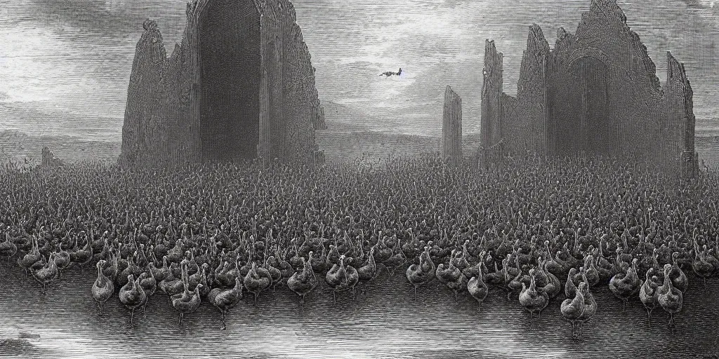 Image similar to angry geese guarding the gates of hell, art by gustave dore