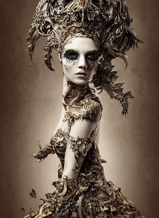 Image similar to a portrait of female by stefan geselle and nekro borja, photorealistic, intricate details, hyper realistic, fantasy, elegant, baroque, horn, ram skull headpiece, photorealistic, photography, symmetrical features, symmetrical pose, wide angle shot, feet on the ground, wearable art, unreal engine, cinematic lighting