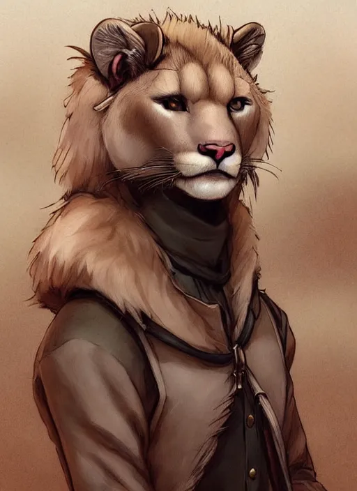 Image similar to beautiful portrait commission of a male furry anthro albino mountain lion wearing miner's clothes in the western frontier. Atmospheric. Character design by charlie bowater, ross tran, artgerm, and makoto shinkai, detailed, inked, western comic book art