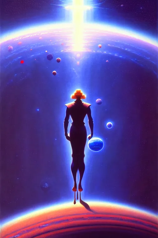 Prompt: a woman in a giant blue techno cloud planet in space, robert mccall, tim hildebrandt, wayne barlowe, bruce pennington, donato giancola, trending on artstation, cinematic composition, beautiful lighting, hyper detailed, 8 k, oil on canvas