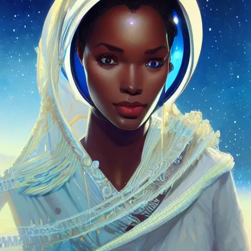 Prompt: Portrait of very very very very very very beautiful african woman, spacesuit, blue eyes, intricate, elegant, highly detailed, digital painting, artstation, concept art, smooth, sharp focus, illustration, art by artgerm and greg rutkowski and alphonse mucha