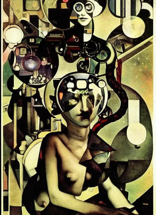 Prompt: cute punk goth fashion fractal alien martian girl with wearing a television tube helmet and kimono made of circuits and leds, surreal Dada collage by Man Ray Kurt Schwitters Hannah Höch Alphonse Mucha Beeple