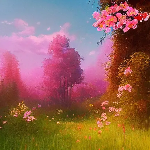 Prompt: “A beautiful painting of a forest in summer, wild roses in distance, sunlight, detailed, light effect, Trending on artstation, by beeple, Makoto Shinkai”