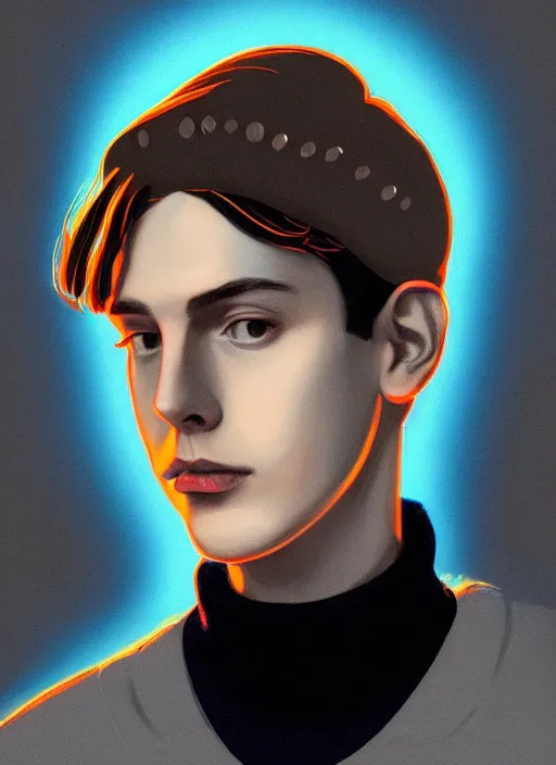 Image similar to portrait of teenage jughead jones wearing a light grey crown, crown, blue turtleneck, 1 9 5 0 s, closed eyes, photorealistic, black hair, glowing lighting, intricate, elegant, glowing lights, highly detailed, digital painting, artstation, concept art, smooth, sharp focus, illustration, art by wlop, mars ravelo and greg rutkowski