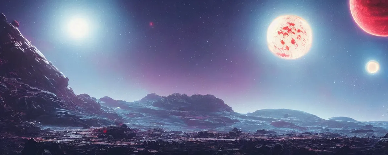 Image similar to ” outer planet with clear sky and vast plains, [ cinematic, detailed, epic, widescreen, opening, establishing, mattepainting, photorealistic, realistic textures, octane render, art by paul lehr ] ”