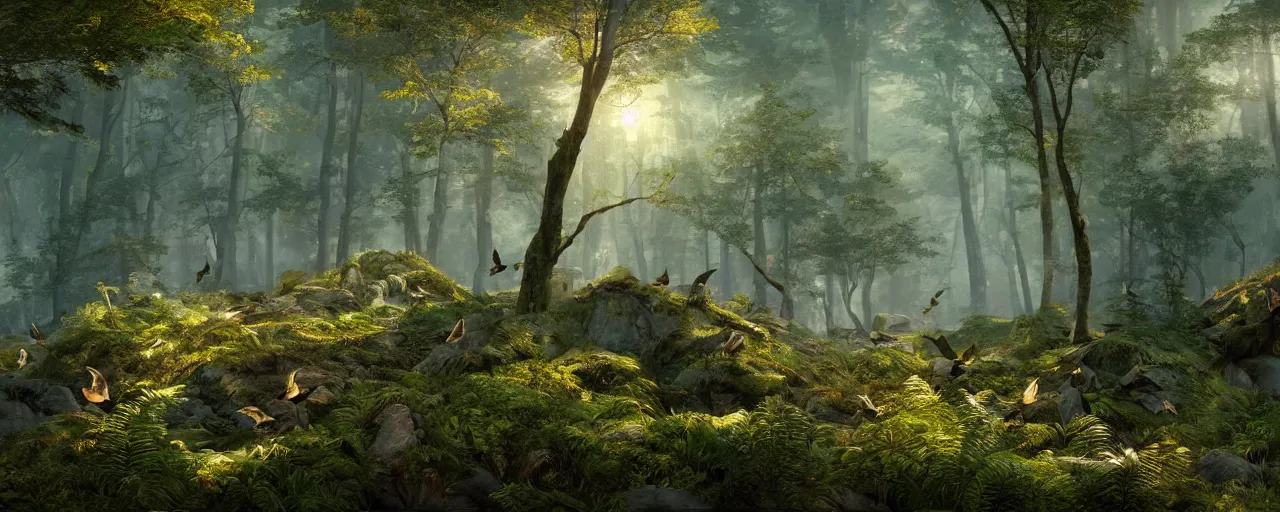Image similar to birds flying in the forrest, beautiful dynamic lighting, cinematic, wide angle establishing shot, extremely high detail, photo realistic, cinematic lighting, post processed, concept art, artstation, matte painting, style by frederic church, raphael lacoste, unreal engine 8 k