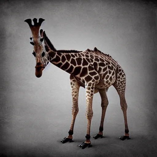 Image similar to a real photograph, full body shot, a hybrid mix between a penguin body, a giraffe neck, hyper detailed, photomanipulation, photoshop, unreal