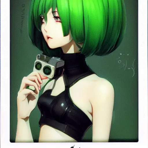 Image similar to beautiful young girl, curly green hair, polaroid, Ilya Kuvshinov, Range Murata