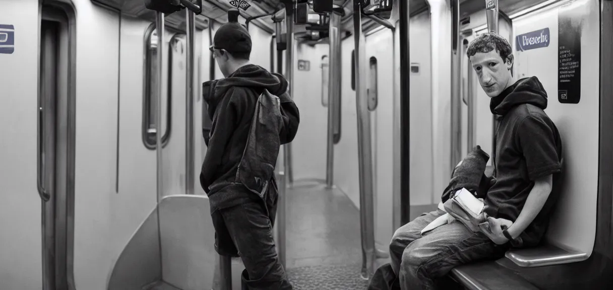 Prompt: mark zuckerberg as a beggar in the new york subway, 4 k, ultra realism, photorealism, 5 0 mm, unreal engine