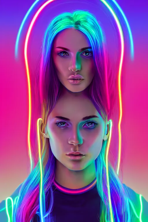 Image similar to a award winning half body portrait of a beautiful woman with stunning eyes in a croptop and cargo pants with rainbow colored ombre hairstyle head in motion and hair flying by thomas danthony, surrounded by whirling illuminated neon lines, outrun, vaporware, shaded flat illustration, digital art, trending on artstation, highly detailed, fine detail, intricate