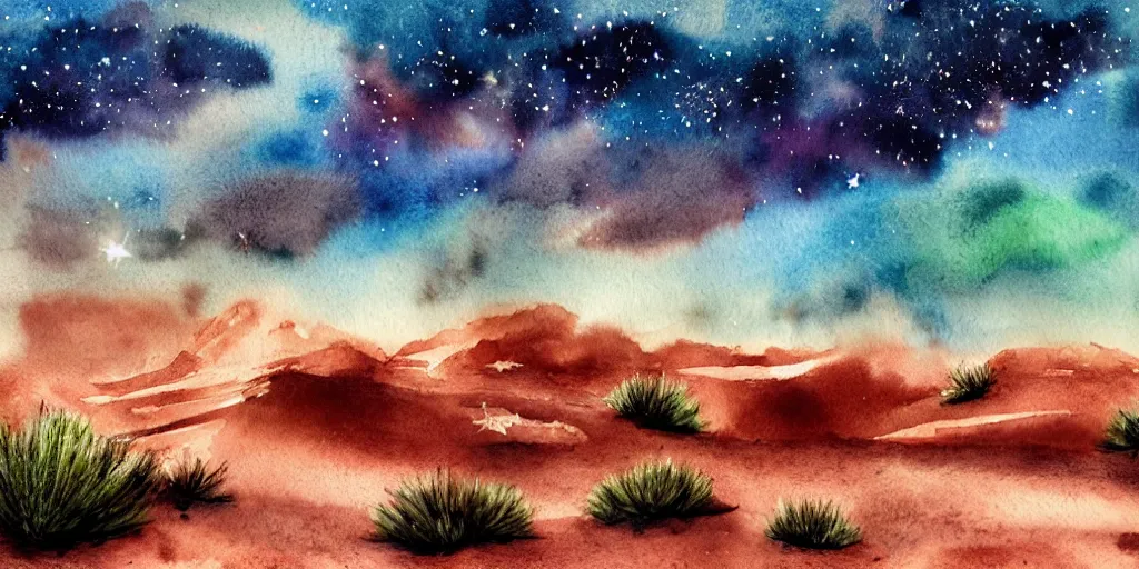 Image similar to desert with sky with stars in watercolor, cinematic, highly detailed wide, atmospheric lighting, muted colors