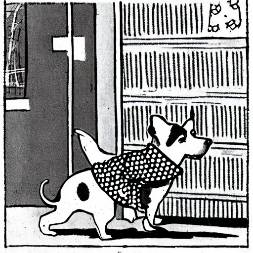 Prompt: illustration of french boy on the streets of paris playing football against a corgi, the dog is wearing a polka dot scarf, comic, 1 9 7 2