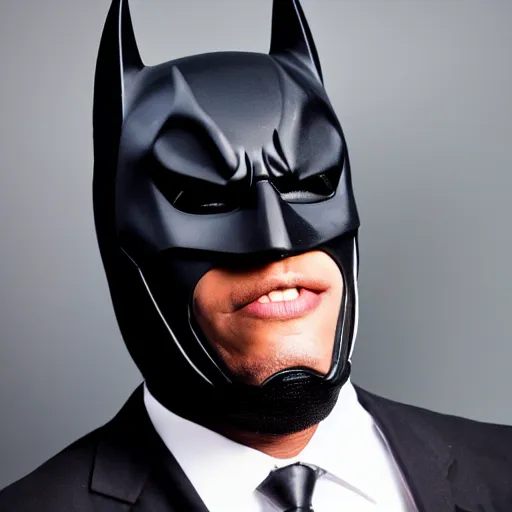 Prompt: photo of a black man wearing batman mask