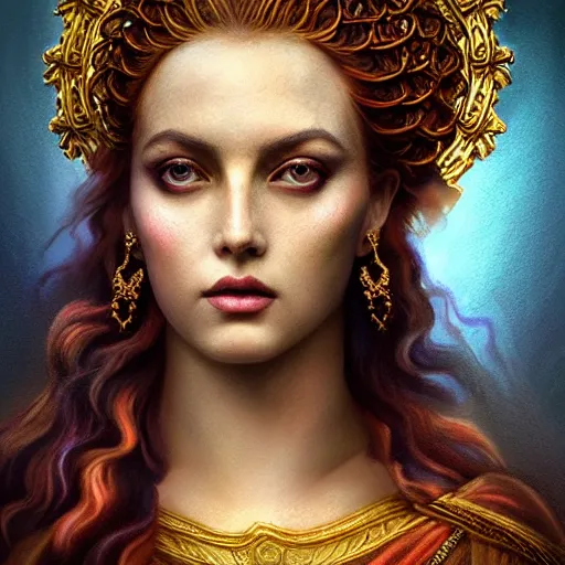 Image similar to majestic gracious regal seductive deity persephone portrait, ancient greece, atmospheric lighting, painted, ravenous, tempestuous, humble, intricate, volumetric lighting, beautiful, rich deep colours masterpiece, golden hour, golden ratio, sharp focus, ultra detailed, by leesha hannigan, ross tran, thierry doizon, kai carpenter, ignacio fernandez rios