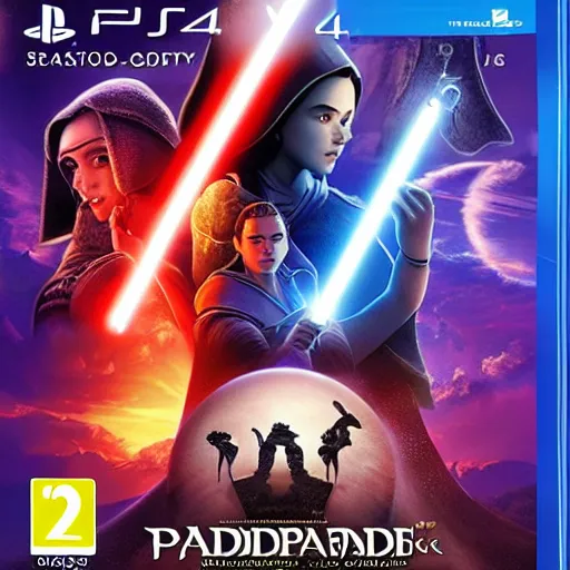 Image similar to video game box art of a ps 4 game called padme's journey to the darkside, 4 k, highly detailed cover art.