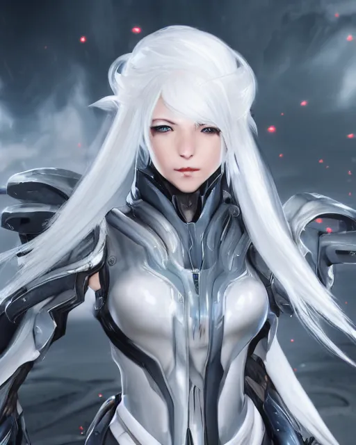 Prompt: perfect white haired girl, warframe armor, beautiful, dreamy, half asian, pretty face, blue eyes, detailed, windy weather, scifi platform, laboratory, experiment, 4 k, ultra realistic, epic lighting, cinematic, high detail, masterpiece, art by akihito tsukushi, akihiko yoshida, voidstar