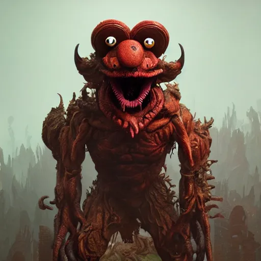 Image similar to a grotesque muppet from doom eternal corrupted by demonic power, intricate artwork by Tooth Wu and wlop and beeple. octane render, trending on artstation, greg rutkowski very coherent symmetrical artwork. cinematic, hyper realism, high detail, octane render