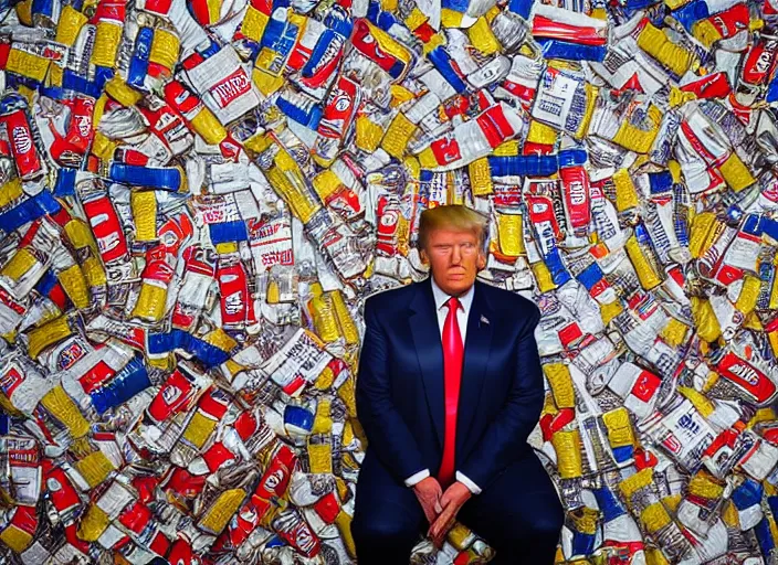 Image similar to portrait photo of donald trump sitting next to a table covered in mcdonald's wrappers and diet coke cans, studio lighting, key light, 8 k, 8 5 mm f 1. 8