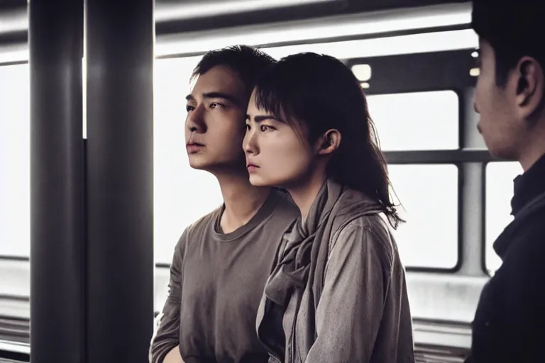 Image similar to vfx film closeup couple in a train station flat color profile low - key lighting award winning photography arri alexa cinematography, cinematic beautiful natural skin, famous face, atmospheric cool color - grade