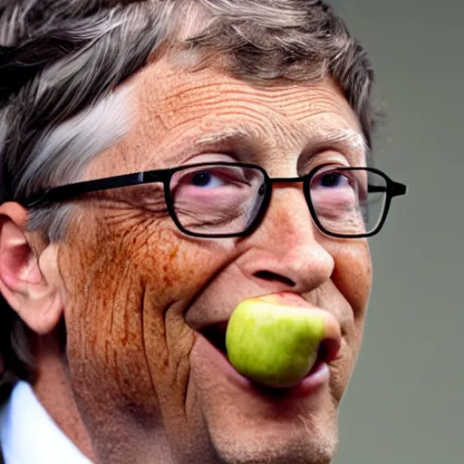 Image similar to bill gates eating an apple, face closeup