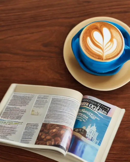 Prompt: a full view of table and magazine with picture of clay sculpture coffee cup, magazine, zoomed out, zoomed out, zoomed out