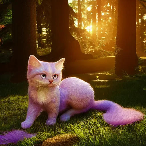 Prompt: lilac jelly cat, transparent jelly, sunlight, golden hour, forest, octane render, realistic render, highly detailed, 8k, HD