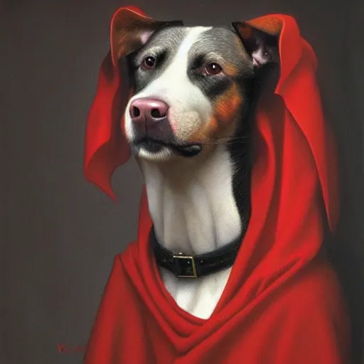 Prompt: a painting of a dog wearing a red cape, a flemish baroque by dino valls, trending on zbrush central, classical realism, flemish baroque, hyper realism, chiaroscuro