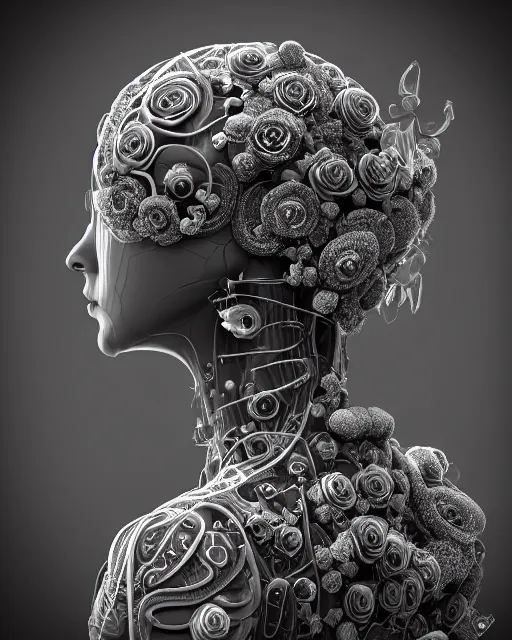 Image similar to mythical dreamy black and white organic bio - mechanical spinal ribbed profile face portrait detail of translucent steampunk beautiful female angelic - human - queen - vegetal - cyborg, highly detailed, intricate crystal ivy jelly ornate, poetic, translucent roses ornate, 3 d render, digital art, octane render, 8 k artistic photography, photo - realistic, by dora maar