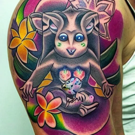 Image similar to shoulder tattoo of a meditating cute bush baby with trippy eyes and glowing multicolored chakra symbols, surrounded with colorful lotus flowers, insanely integrate