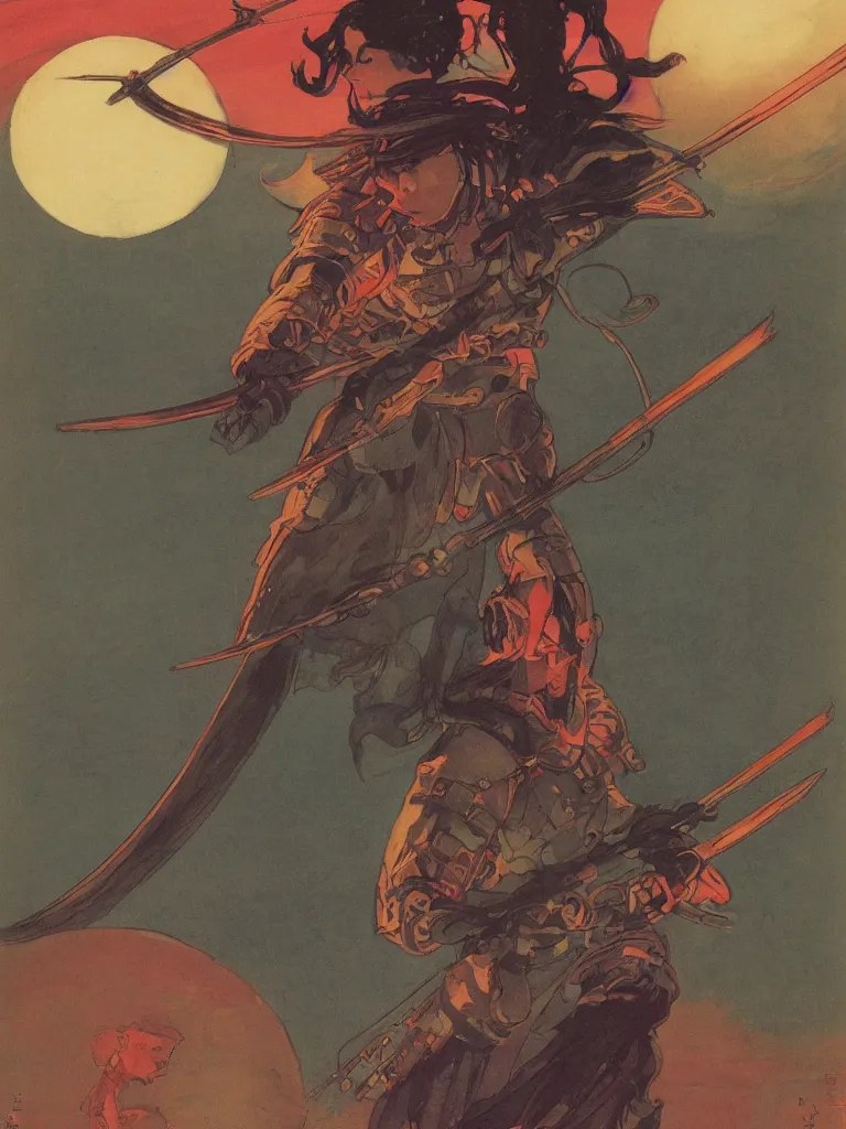 Image similar to on a strange vintage scifi planet, a samurai wizard warrior goddess with sword, vintage scifi poster, winslow homer, moebius, roger dean, artstation