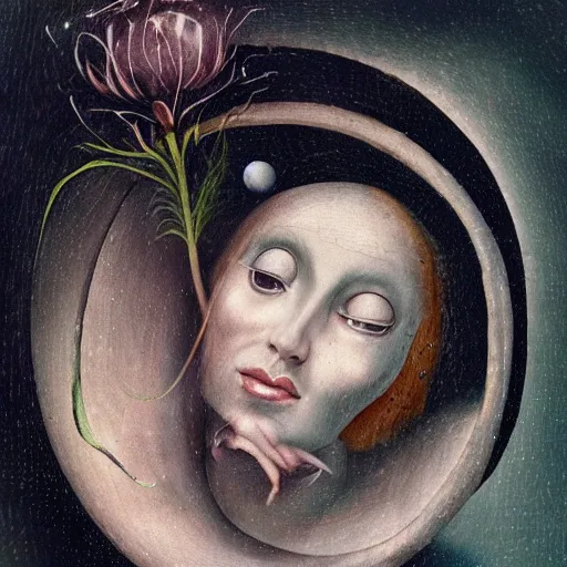 Image similar to realistic bizzare beautiful portrait of alien moon queen of an unknown cibilizational planet in style of hieronymus bosch anne stoke ingo swan style sharp focus 8 k eating a flower