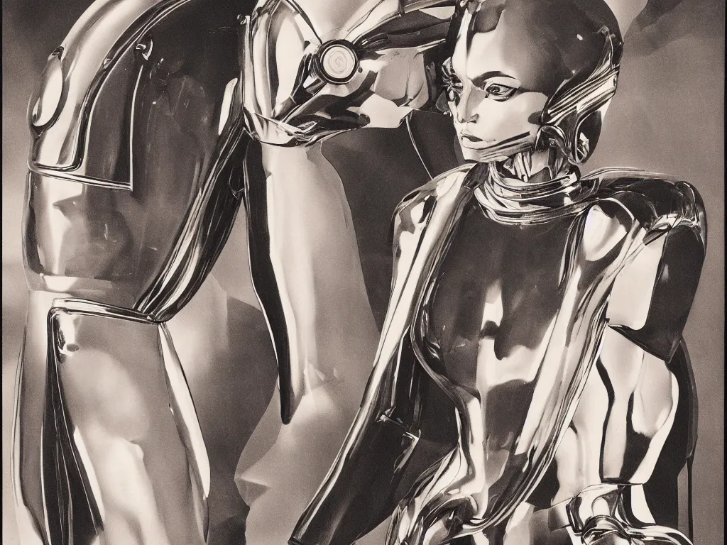 Prompt: a Royal portrait of chrome android woman as illustrated by H.R. Geiger. 1979