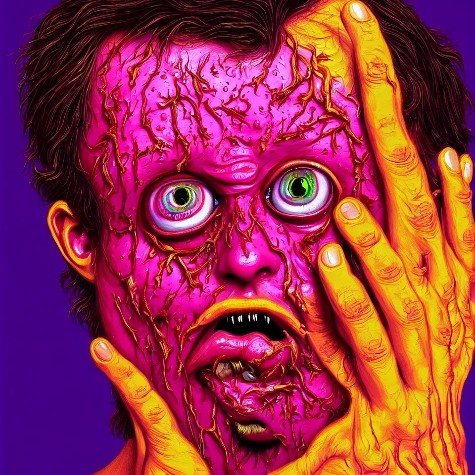 Image similar to bright psychedelic todd solondz eating rotten flesh, crying tears of blood and puking, diffuse lighting, fantasy, intricate, elegant, highly detailed, lifelike, photorealistic, digital painting, artstation, illustration, concept art, smooth, sharp focus, art by francis bacon