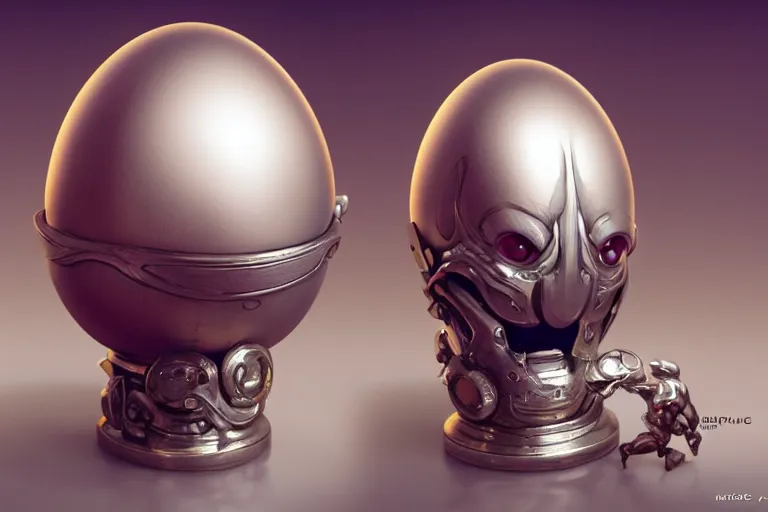 Prompt: silver egg cup, vin diesel head is a boiled egg, egg is a head, head is in egg cup, hyper detailed, digital art, artstation, cinematic lighting, studio quality, smooth render, by peter mohrbacher, hajime sorayama, boris vallejo, craig mullins