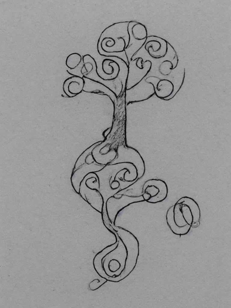 Prompt: a sketch of an acorn that turns into a tree in the shape of a treble clef with a perceptual edge in the middle, single line drawing