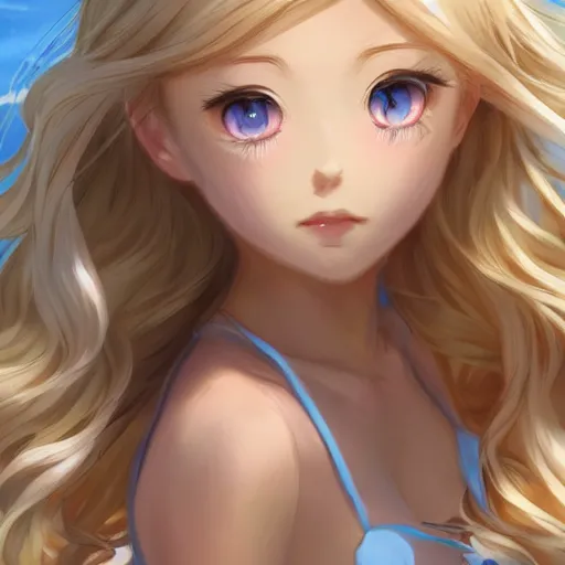 Prompt: a very beautiful young anime flower girl, full body, long wavy blond hair, sky blue eyes, full round face,, bikini, miniskirt, front view, mid - shot, highly detailed, cinematic wallpaper by stanley artgerm lau